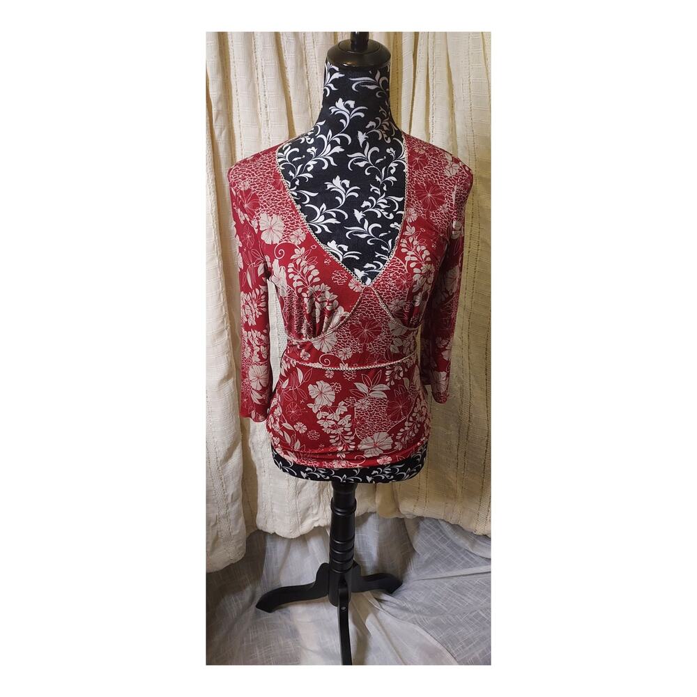 Vintage MCM Red Belted Floral Long Sleeve Blouse Size Large